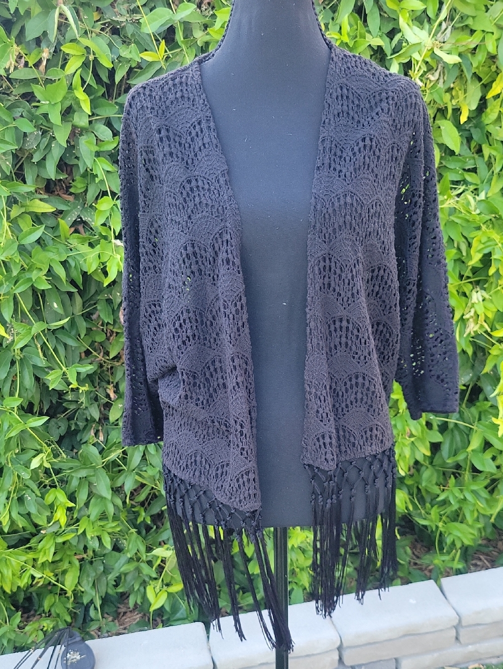 Boho Black Crochet Lace Cardigan With Long Fringe Bottom L